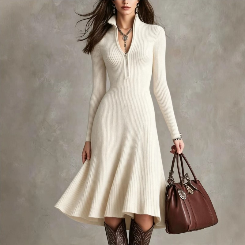 Bodycon Long Sleeve Ribbed Dress - Robe midi en maille côtelée pour