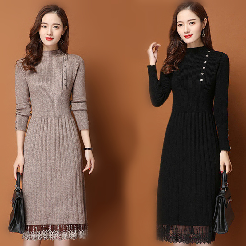 Dentelle ourlet boutons femmes - Bodycon Long Sleeve Ribbed Dress avis et prix